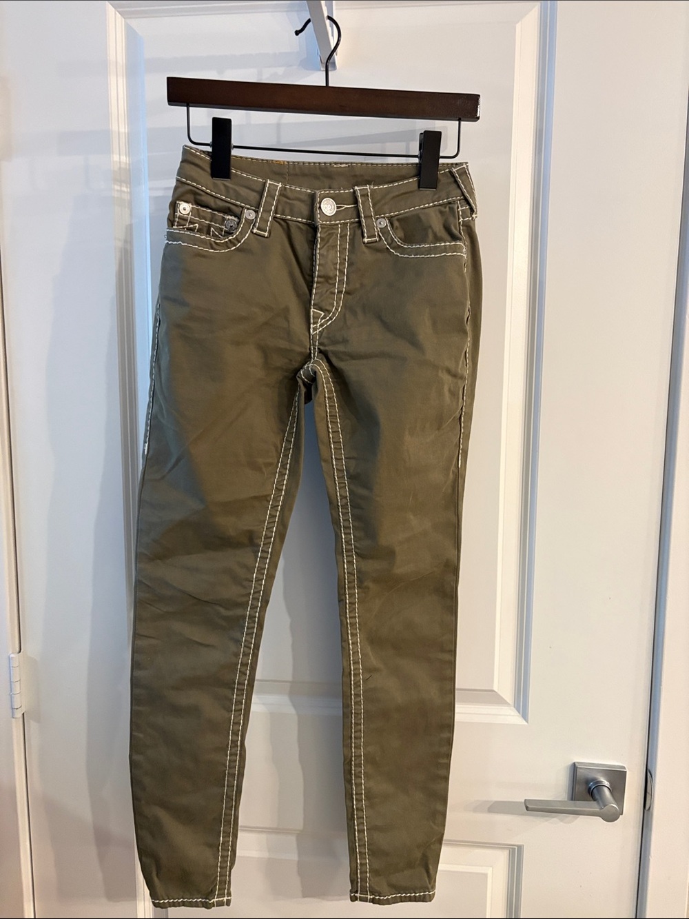 True Religion Olive Green Skinny Jeans with Contrast Stitching